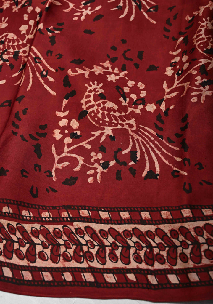Brick Red Ajrakh Modal Silk Saree with Floral & Leaf Hand Block Print