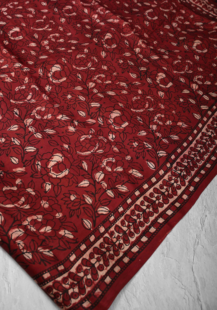 Brick Red Ajrakh Modal Silk Saree with Floral & Leaf Hand Block Print
