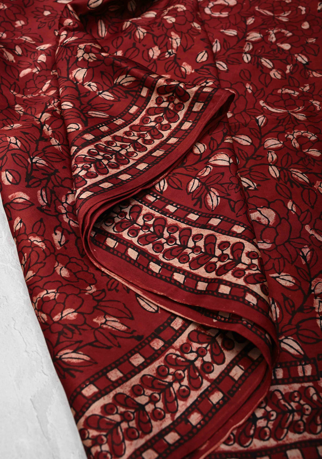 Brick Red Ajrakh Modal Silk Saree with Floral & Leaf Hand Block Print