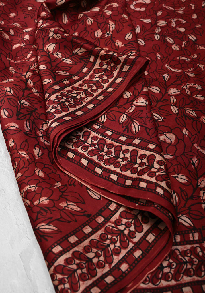 Brick Red Ajrakh Modal Silk Saree with Floral & Leaf Hand Block Print