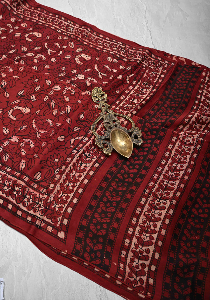 Brick Red Ajrakh Modal Silk Saree with Floral & Leaf Hand Block Print