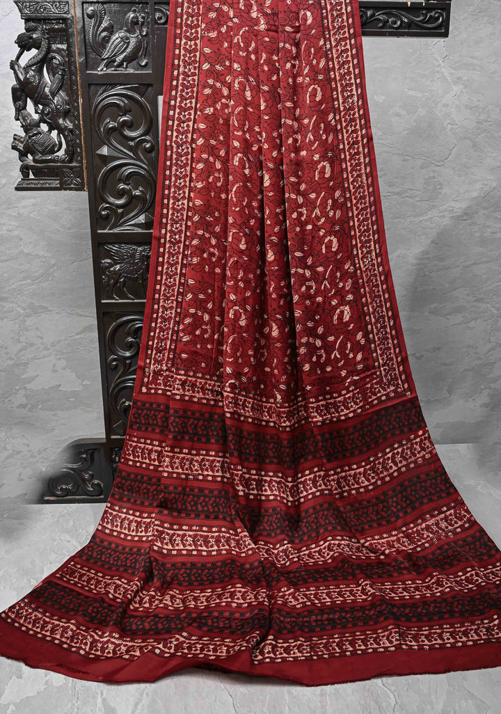 Brick Red Ajrakh Modal Silk Saree with Floral & Leaf Hand Block Print