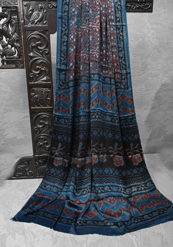 Brick and Blue  Ajrakh Hand Block Print on Modal Silk Saree
