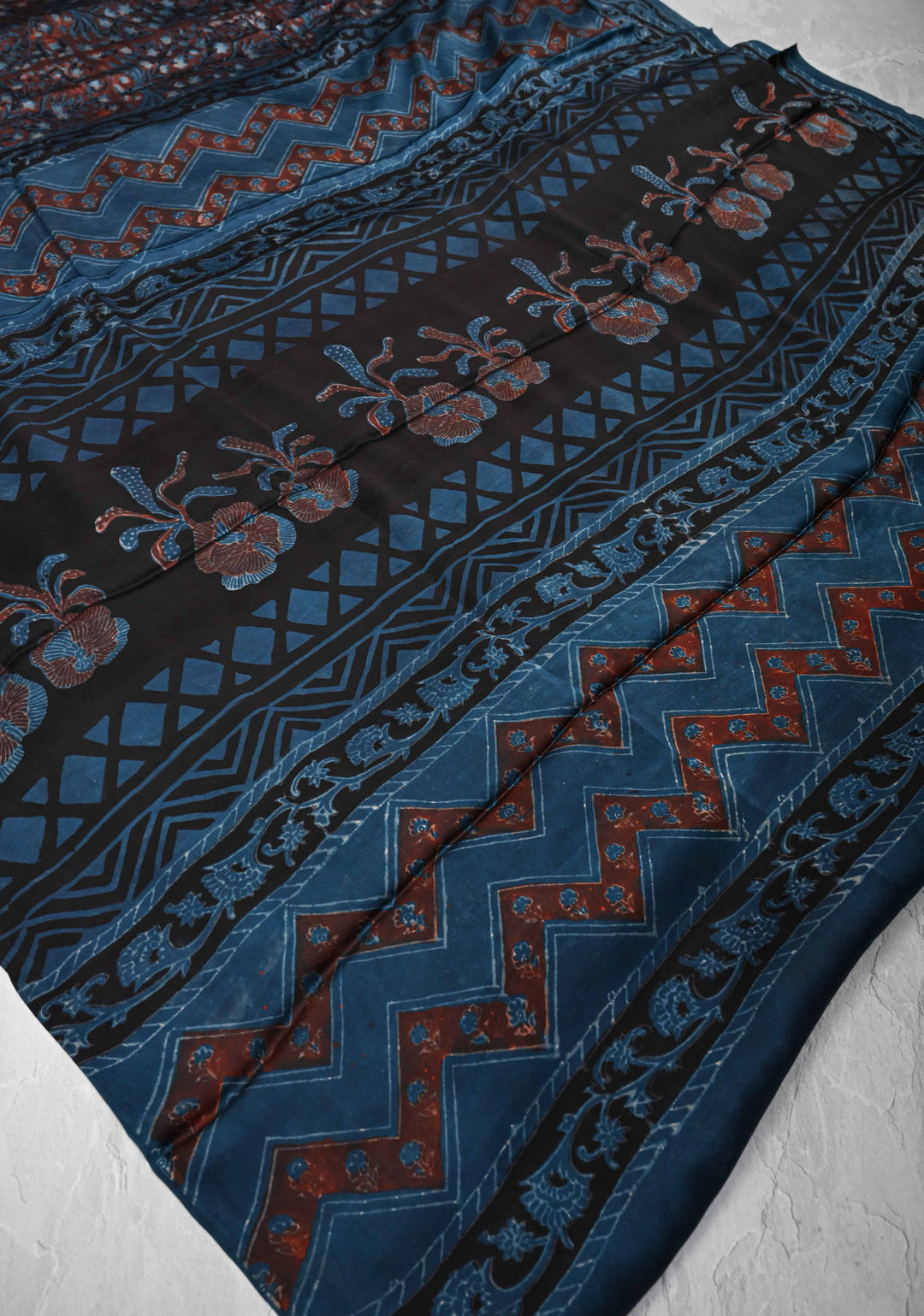 Brick and Blue  Ajrakh Hand Block Print on Modal Silk Saree