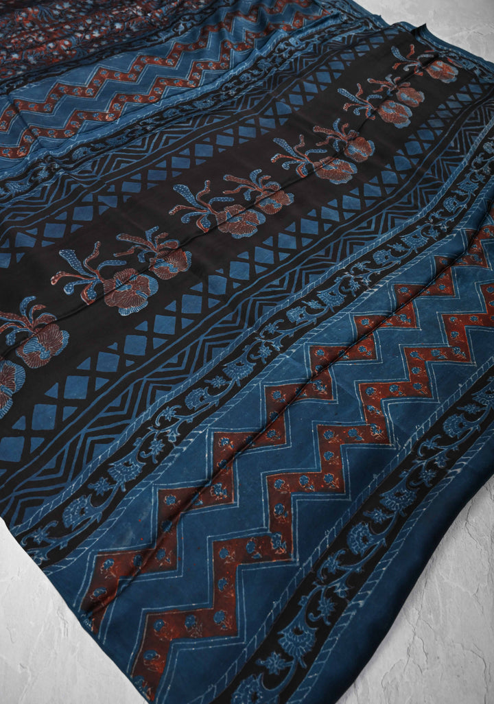 Brick and Blue  Ajrakh Hand Block Print on Modal Silk Saree