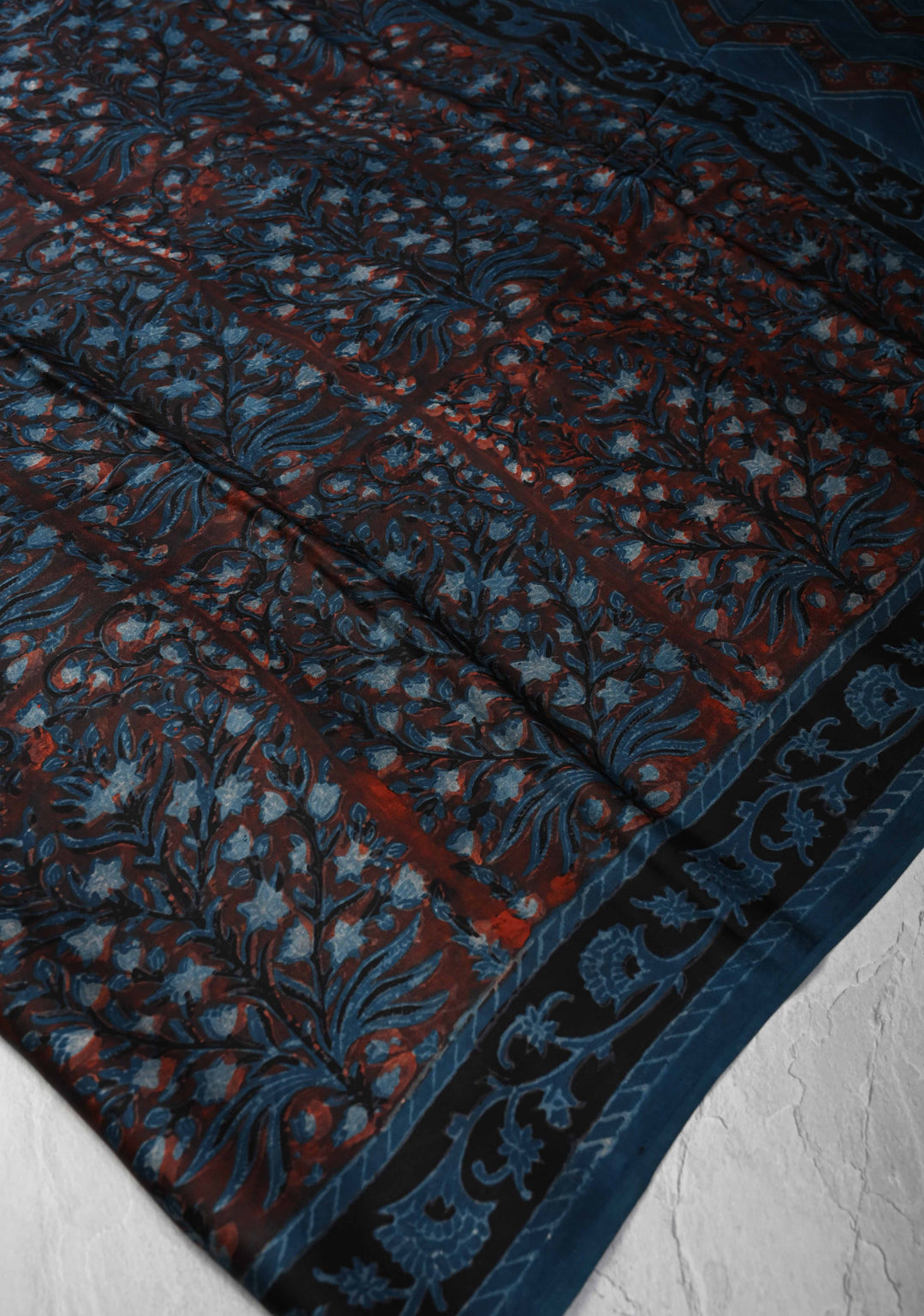 Brick and Blue  Ajrakh Hand Block Print on Modal Silk Saree