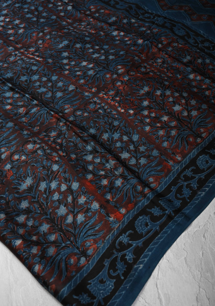 Brick and Blue  Ajrakh Hand Block Print on Modal Silk Saree