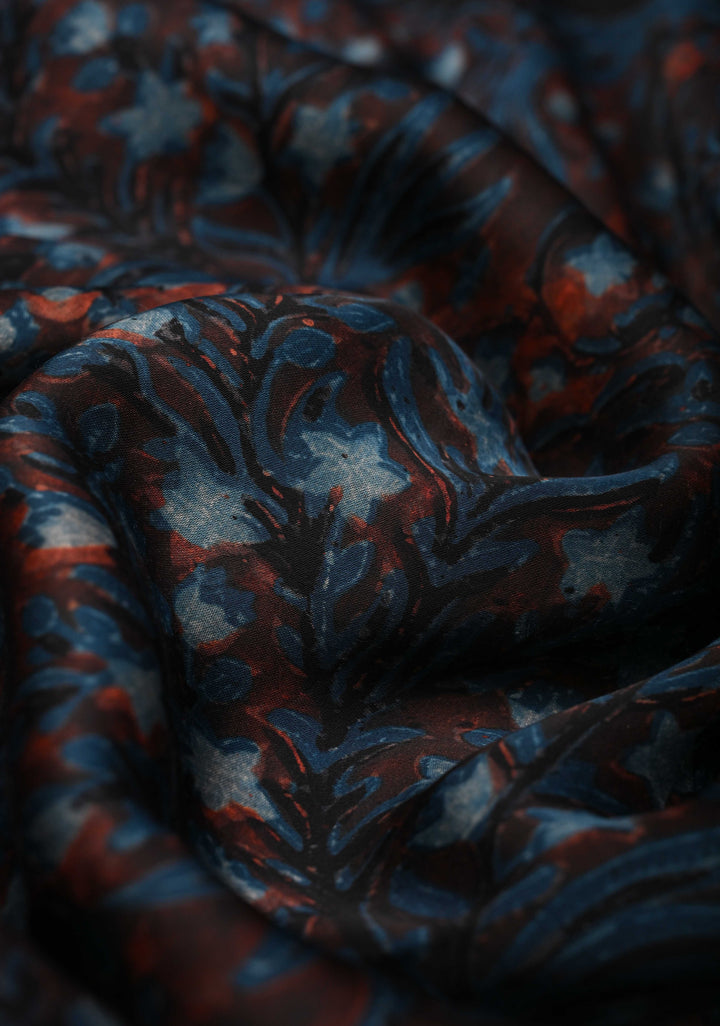 Brick and Blue  Ajrakh Hand Block Print on Modal Silk Saree