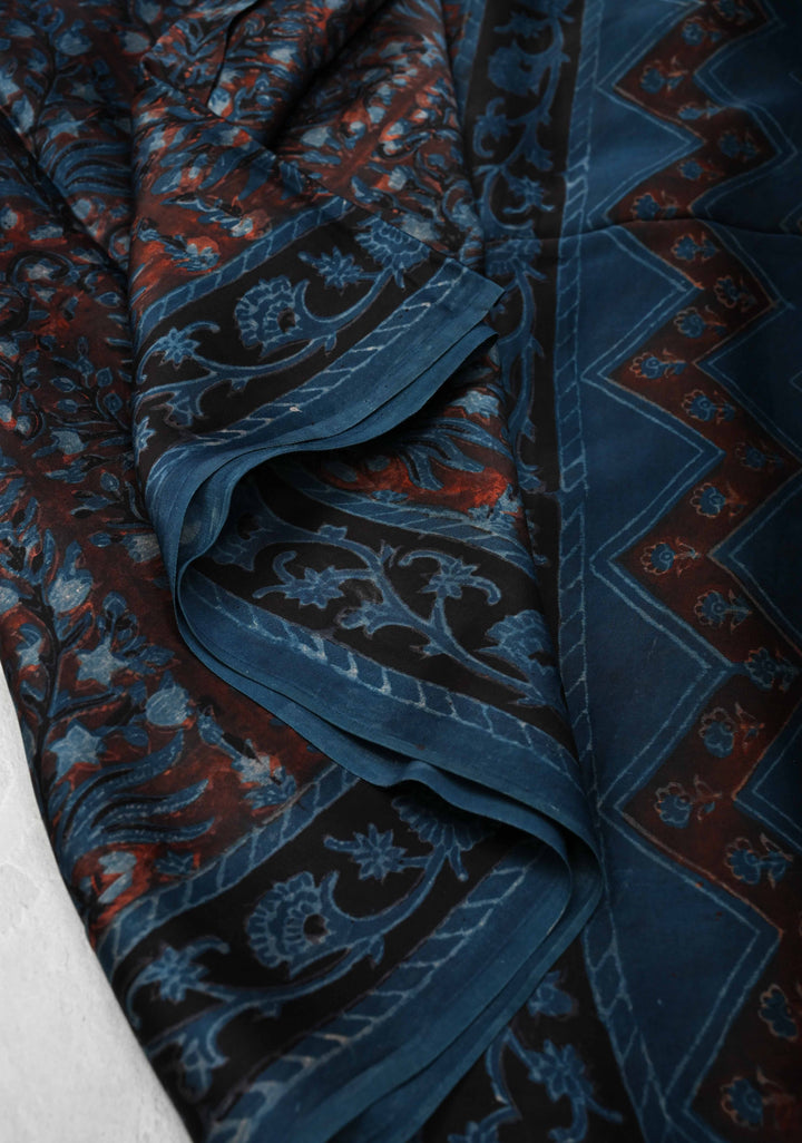 Brick and Blue  Ajrakh Hand Block Print on Modal Silk Saree