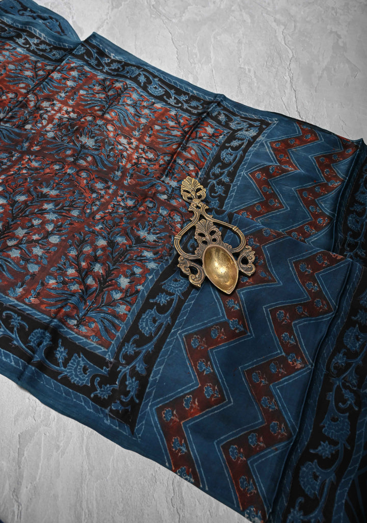 Brick and Blue  Ajrakh Hand Block Print on Modal Silk Saree