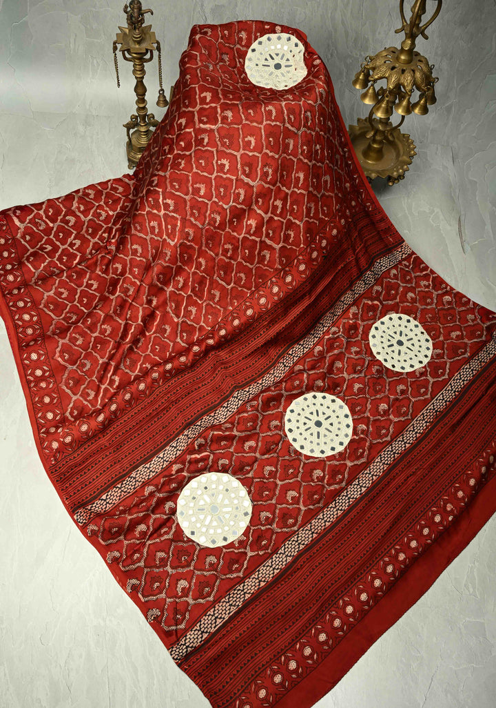 Kutch Patch, Mirror work Brick Red Ajrakh Hand Block Print on Modal Silk Saree with Moroccan Trellis Pattern