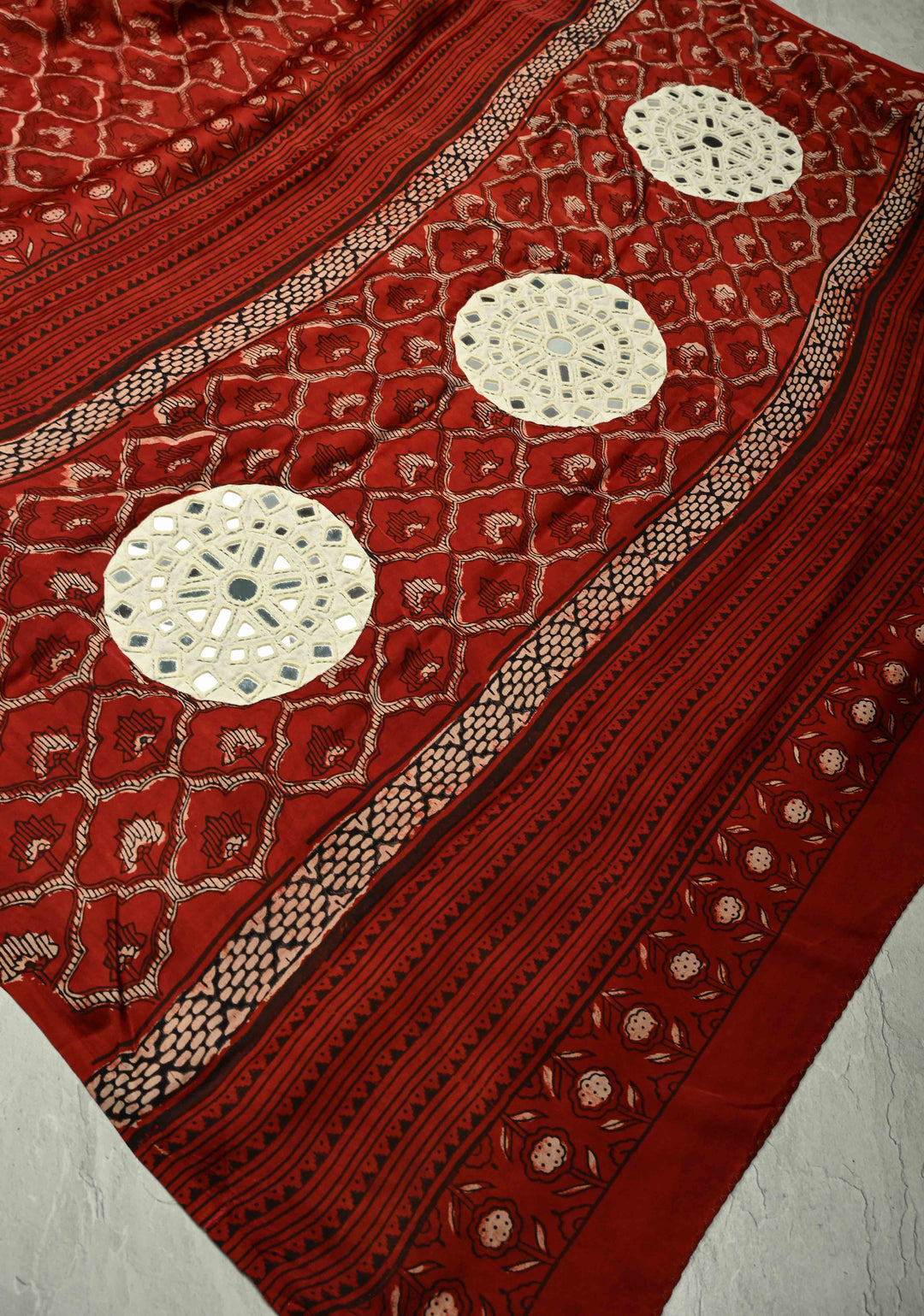 Kutch Patch, Mirror work Brick Red Ajrakh Hand Block Print on Modal Silk Saree with Moroccan Trellis Pattern