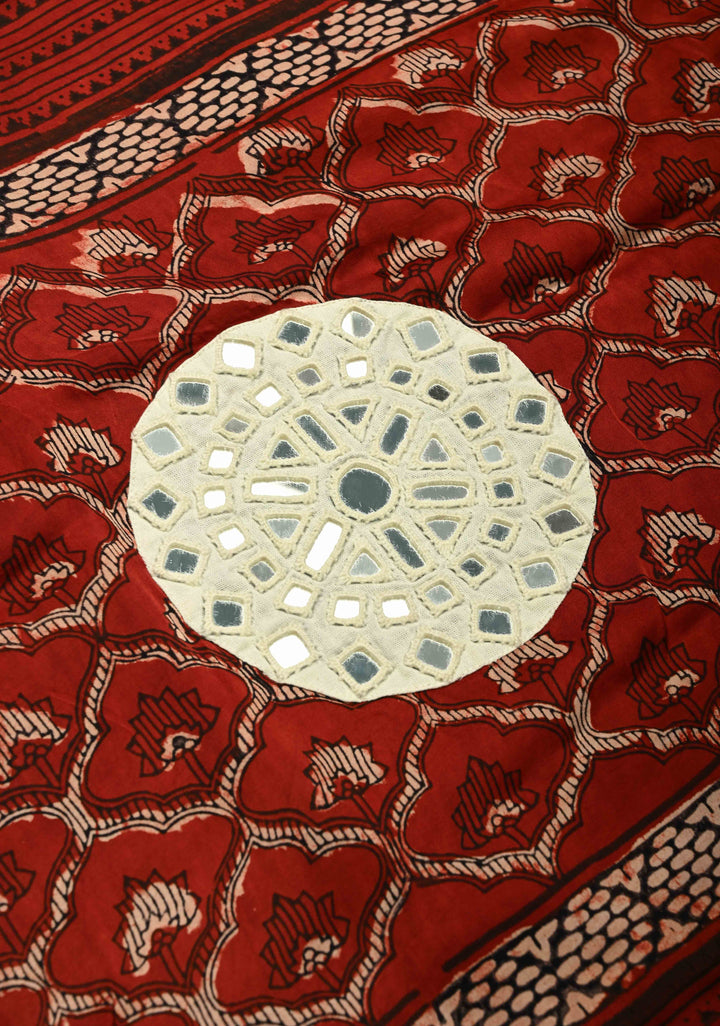 Kutch Patch, Mirror work Brick Red Ajrakh Hand Block Print on Modal Silk Saree with Moroccan Trellis Pattern