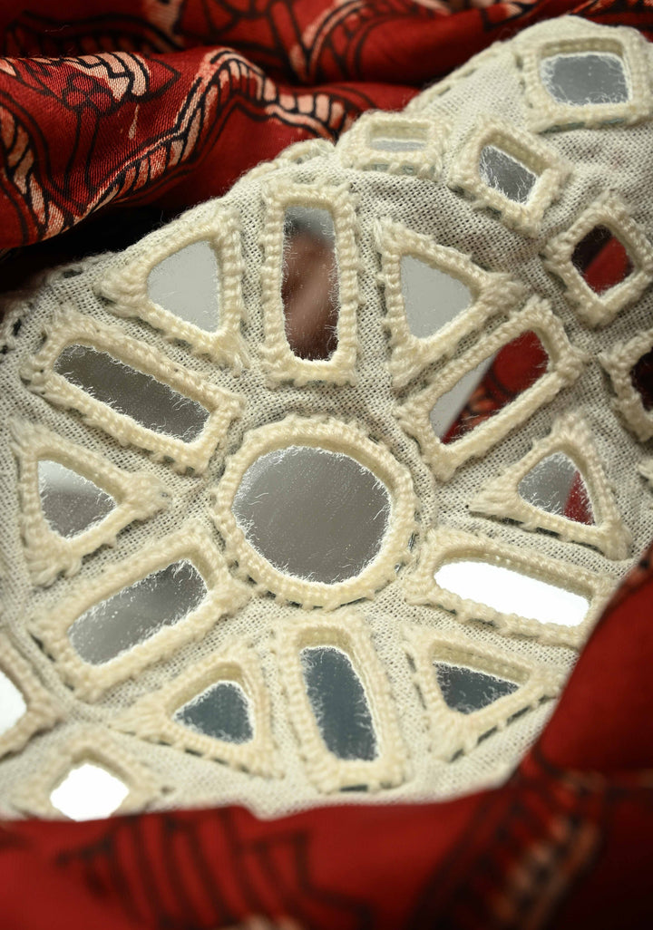 Kutch Patch, Mirror work Brick Red Ajrakh Hand Block Print on Modal Silk Saree with Moroccan Trellis Pattern