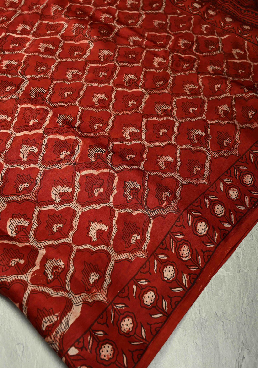 Kutch Patch, Mirror work Brick Red Ajrakh Hand Block Print on Modal Silk Saree with Moroccan Trellis Pattern