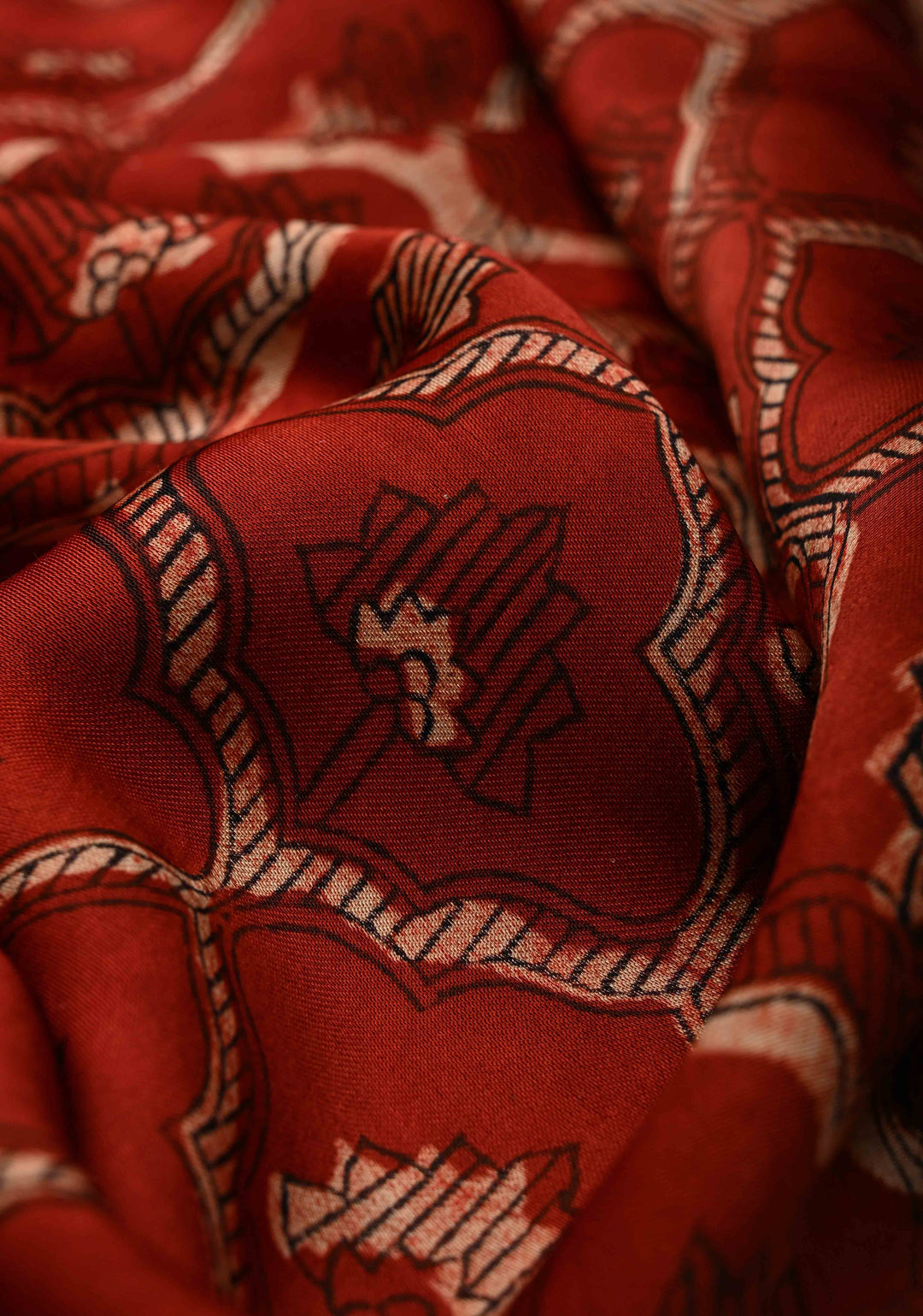 Kutch Patch, Mirror work Brick Red Ajrakh Hand Block Print on Modal Silk Saree with Moroccan Trellis Pattern