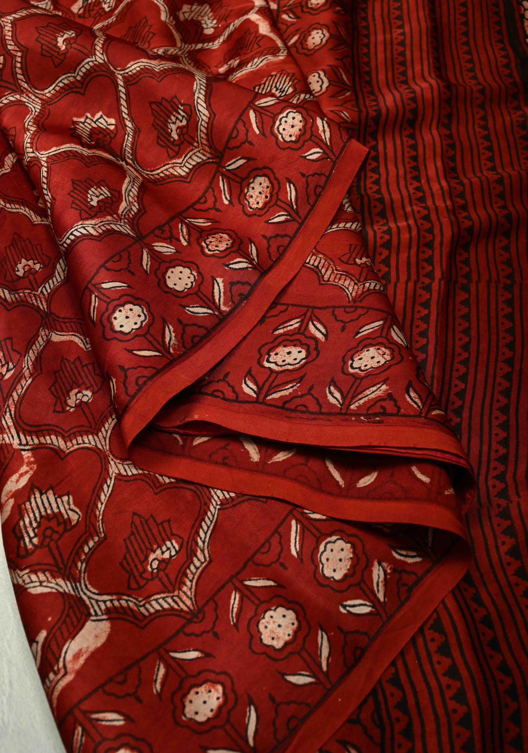 Kutch Patch, Mirror work Brick Red Ajrakh Hand Block Print on Modal Silk Saree with Moroccan Trellis Pattern