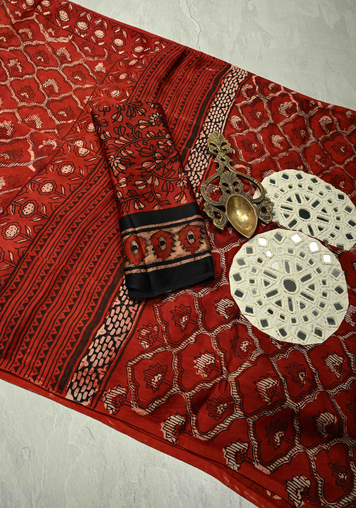 Kutch Patch, Mirror work Brick Red Ajrakh Hand Block Print on Modal Silk Saree with Moroccan Trellis Pattern