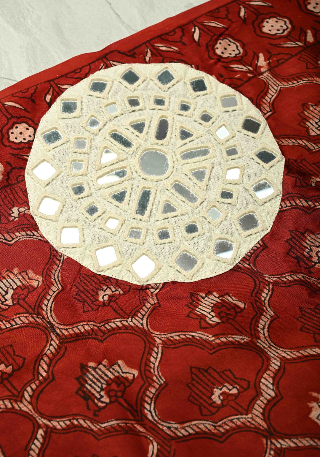 Kutch Patch, Mirror work Brick Red Ajrakh Hand Block Print on Modal Silk Saree with Moroccan Trellis Pattern