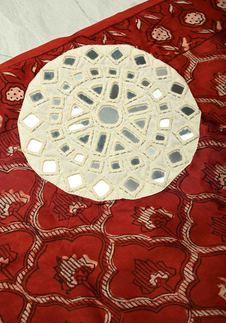 Kutch Patch, Mirror work Brick Red Ajrakh Hand Block Print on Modal Silk Saree with Moroccan Trellis Pattern