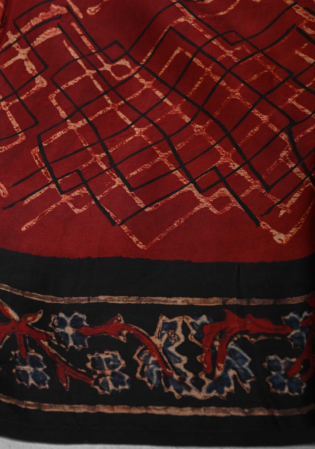 Brick Red Ajrakh hand Block Prints on Modal Silk Saree with Floral Hand Block Print