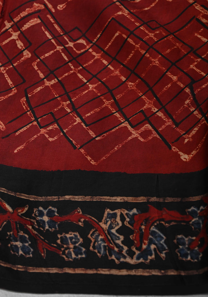 Brick Red Ajrakh hand Block Prints on Modal Silk Saree with Floral Hand Block Print