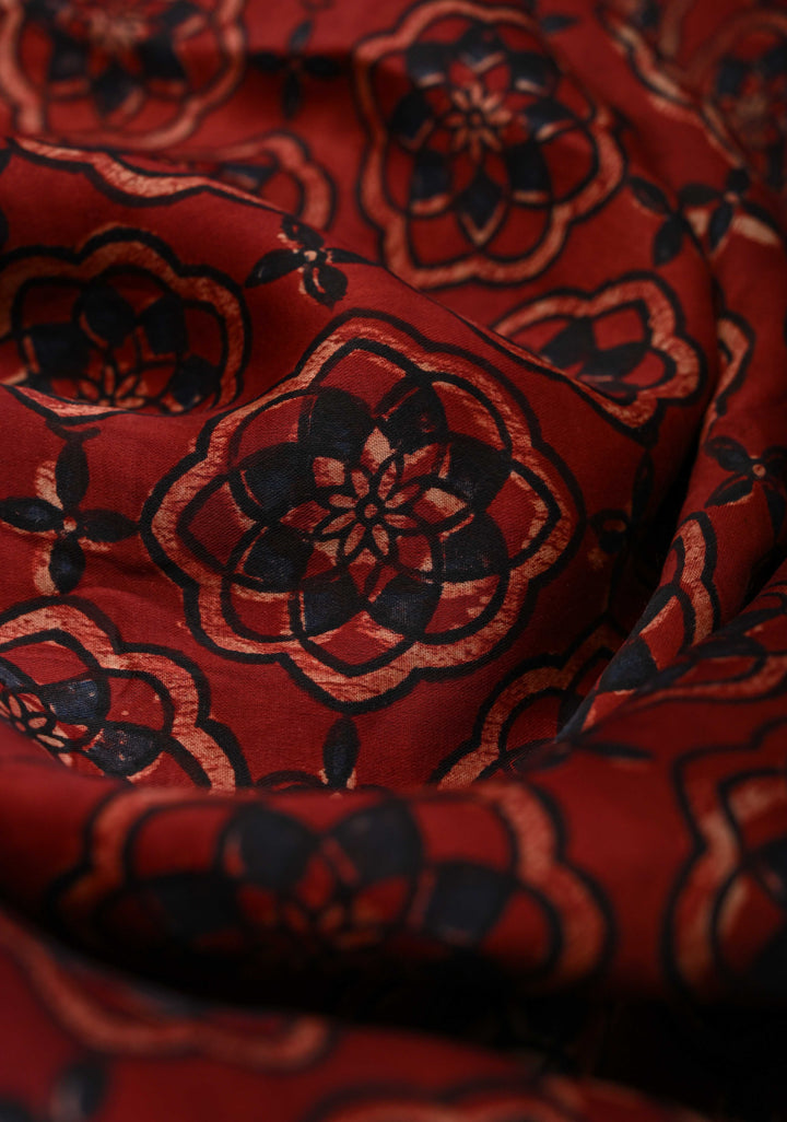 Brick Red Ajrakh hand Block Prints on Modal Silk Saree with Floral Hand Block Print