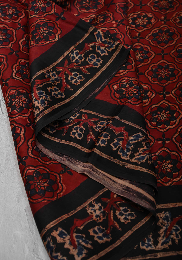 Brick Red Ajrakh hand Block Prints on Modal Silk Saree with Floral Hand Block Print