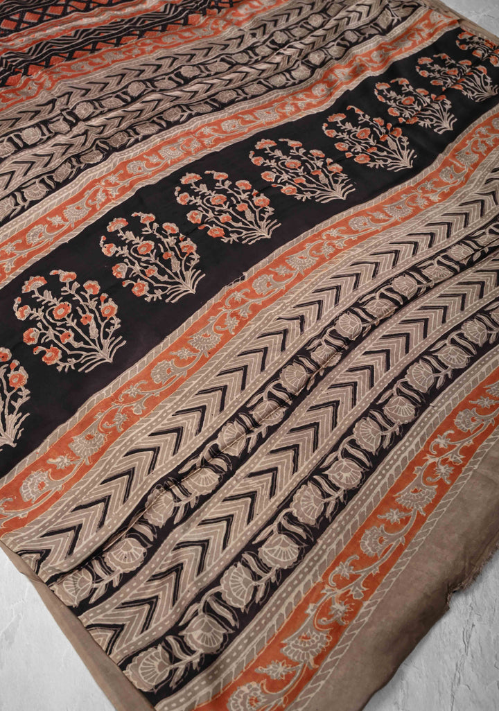 Ajrakh Hand Block Print on Modal Silk Saree in Maroon and Black