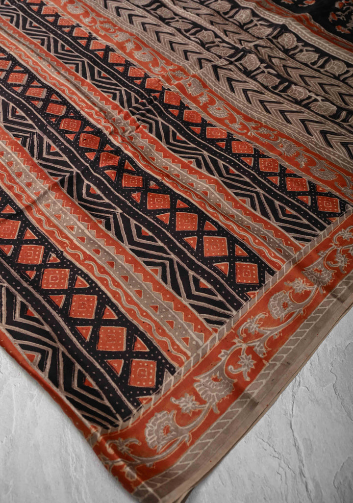 Ajrakh Hand Block Print on Modal Silk Saree in Maroon and Black