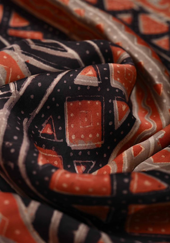 Ajrakh Hand Block Print on Modal Silk Saree in Maroon and Black