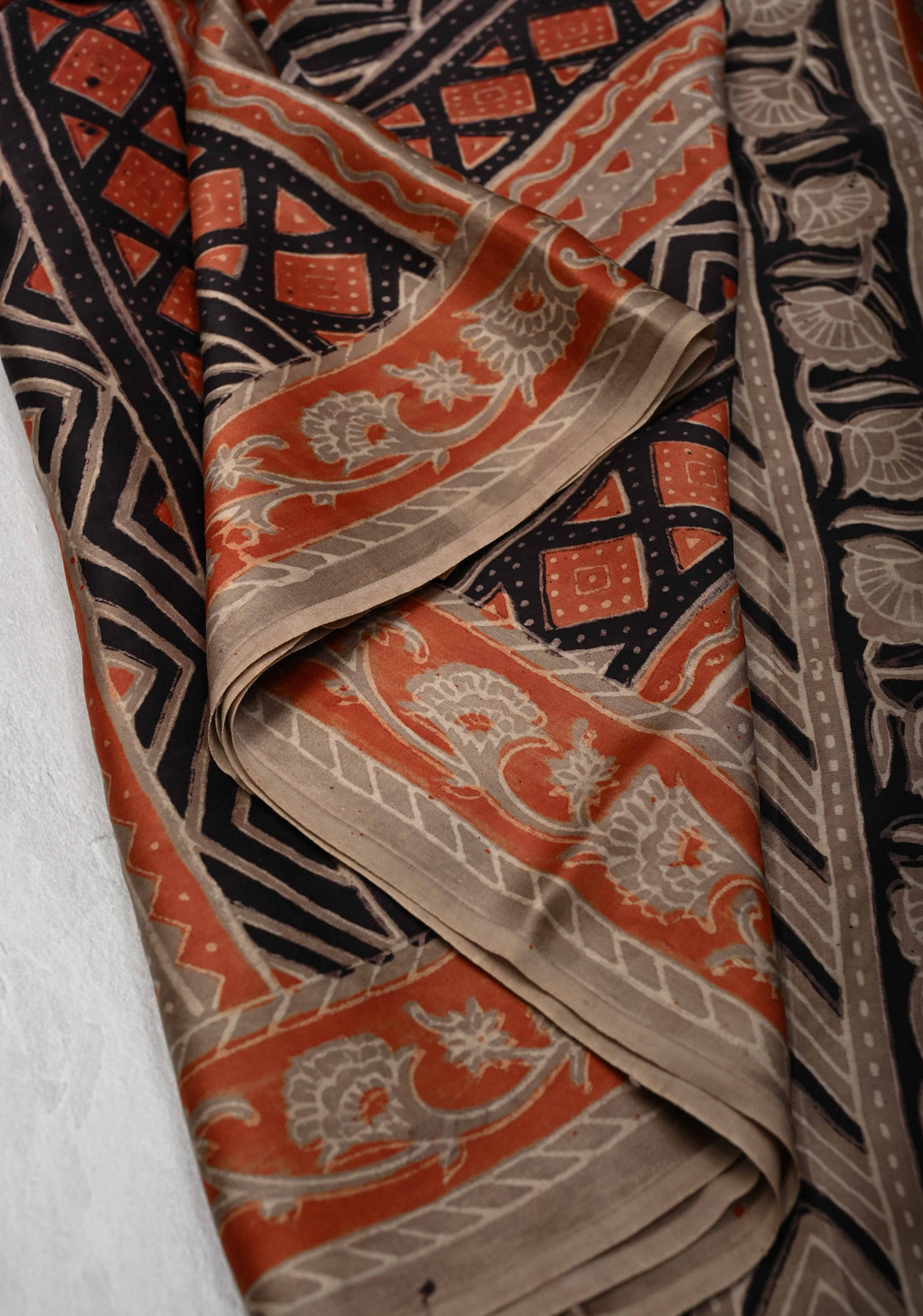 Ajrakh Hand Block Print on Modal Silk Saree in Maroon and Black