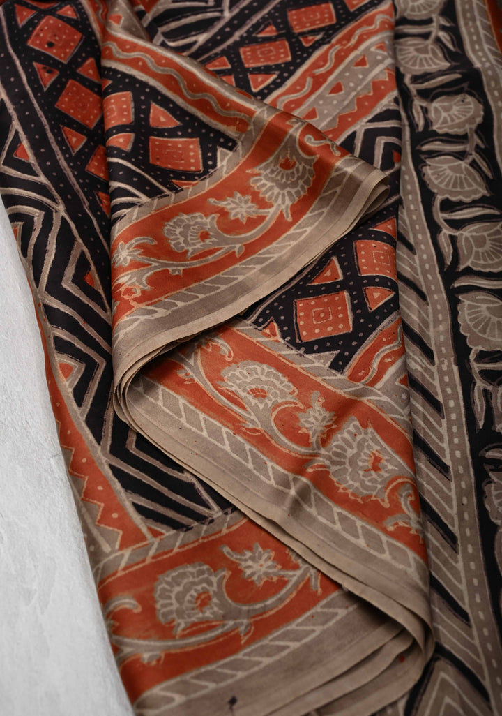 Ajrakh Hand Block Print on Modal Silk Saree in Maroon and Black