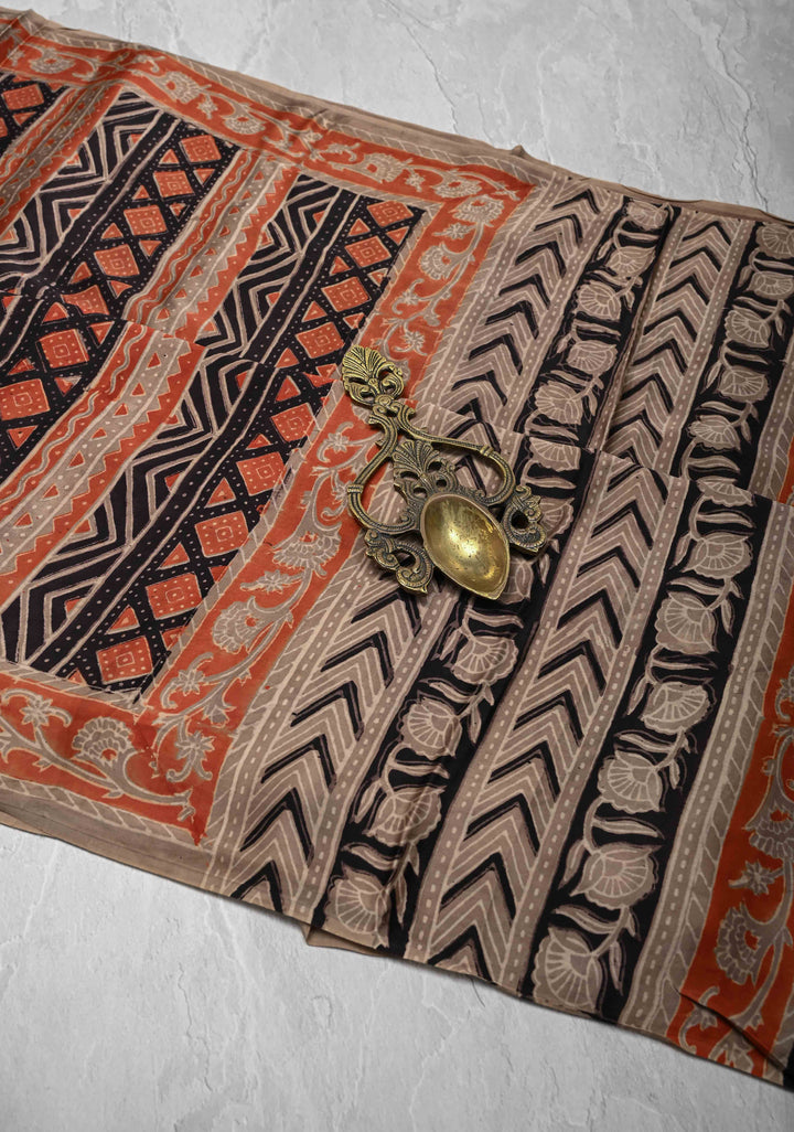 Ajrakh Hand Block Print on Modal Silk Saree in Maroon and Black