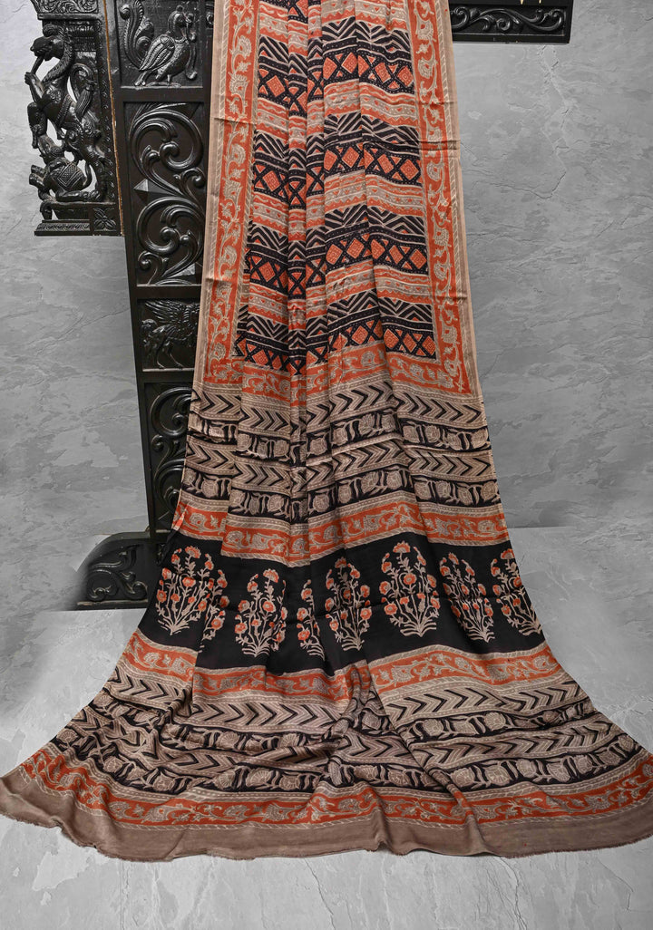 Ajrakh Hand Block Print on Modal Silk Saree in Maroon and Black