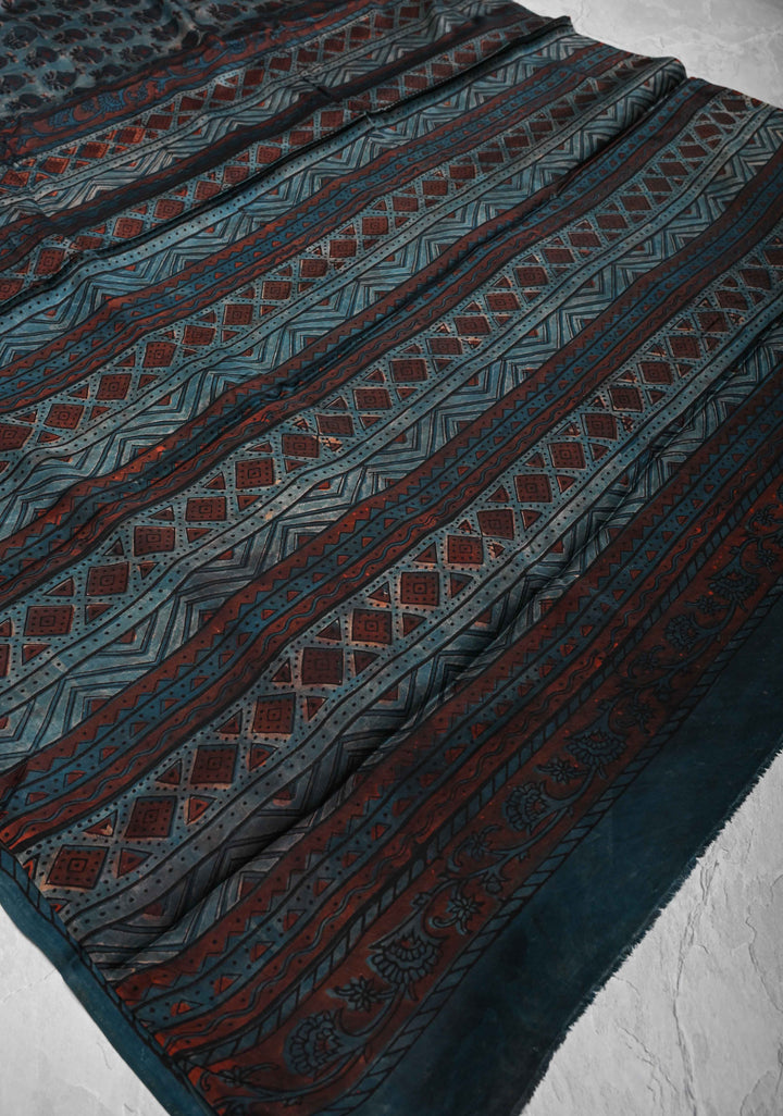 Nile Blue Ajrakh Hand Block Print on Modal  Silk Saree