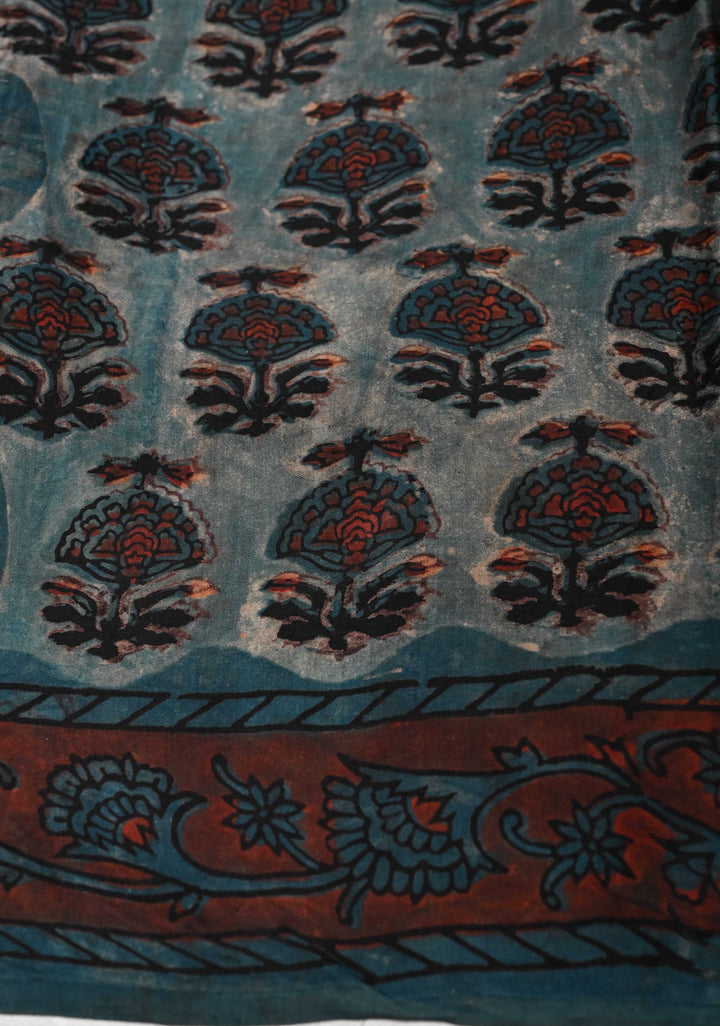Nile Blue Ajrakh Hand Block Print on Modal  Silk Saree