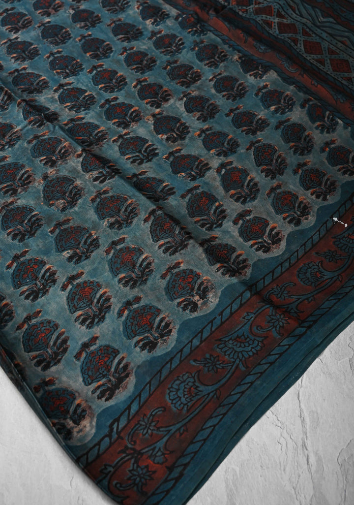 Nile Blue Ajrakh Hand Block Print on Modal  Silk Saree