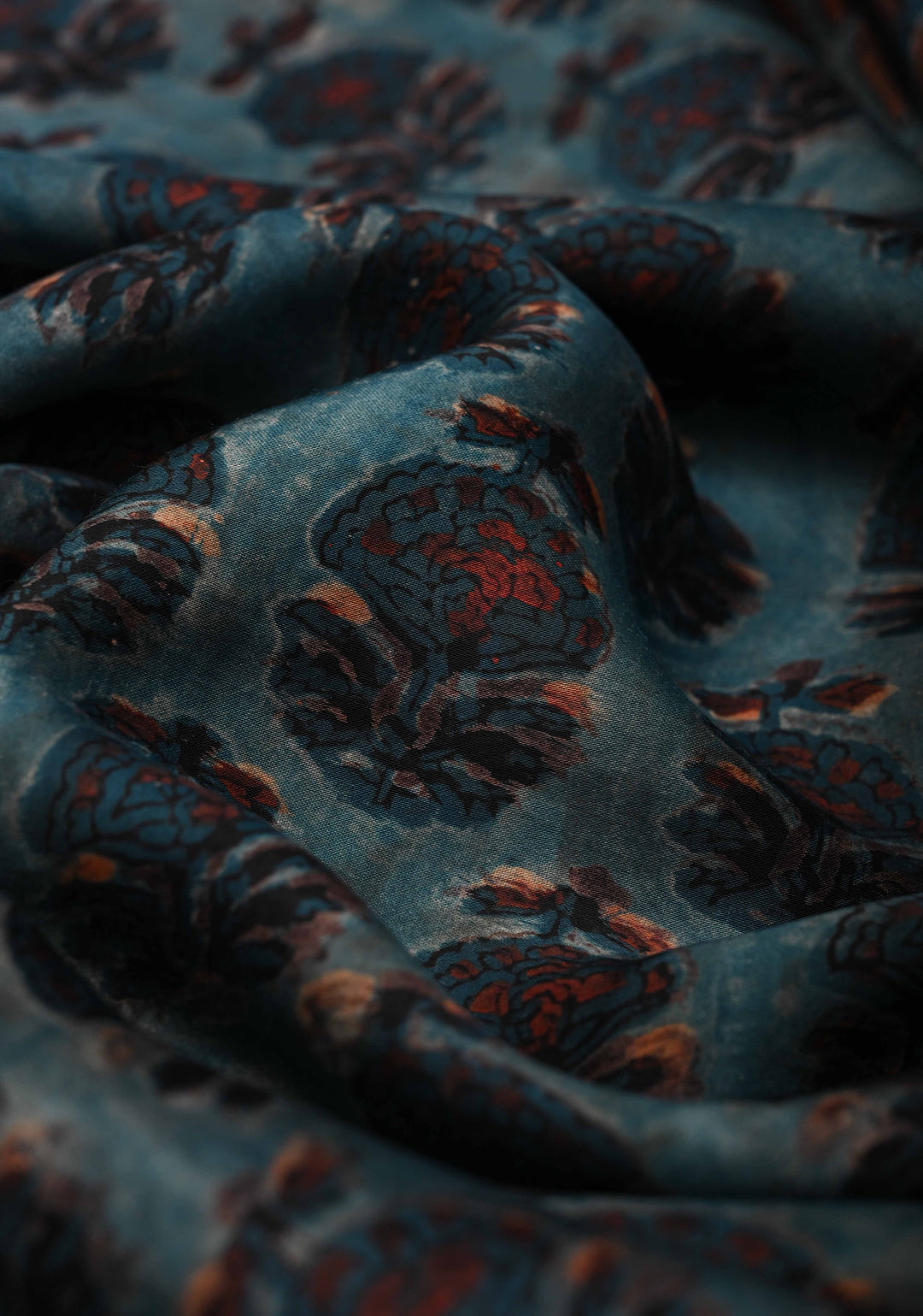 Nile Blue Ajrakh Hand Block Print on Modal  Silk Saree