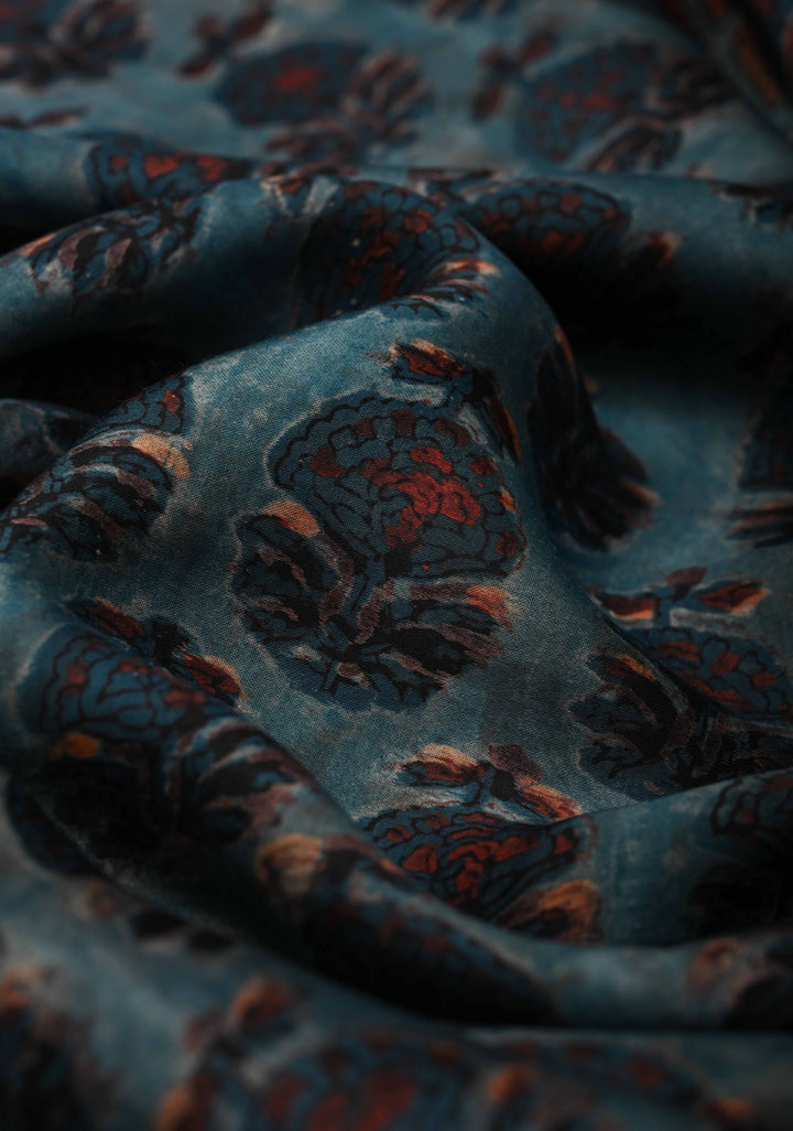 Nile Blue Ajrakh Hand Block Print on Modal  Silk Saree