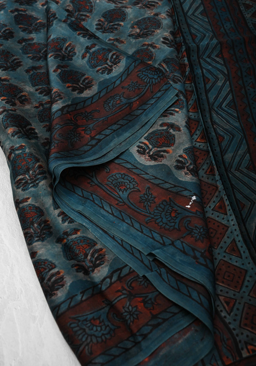 Nile Blue Ajrakh Hand Block Print on Modal  Silk Saree