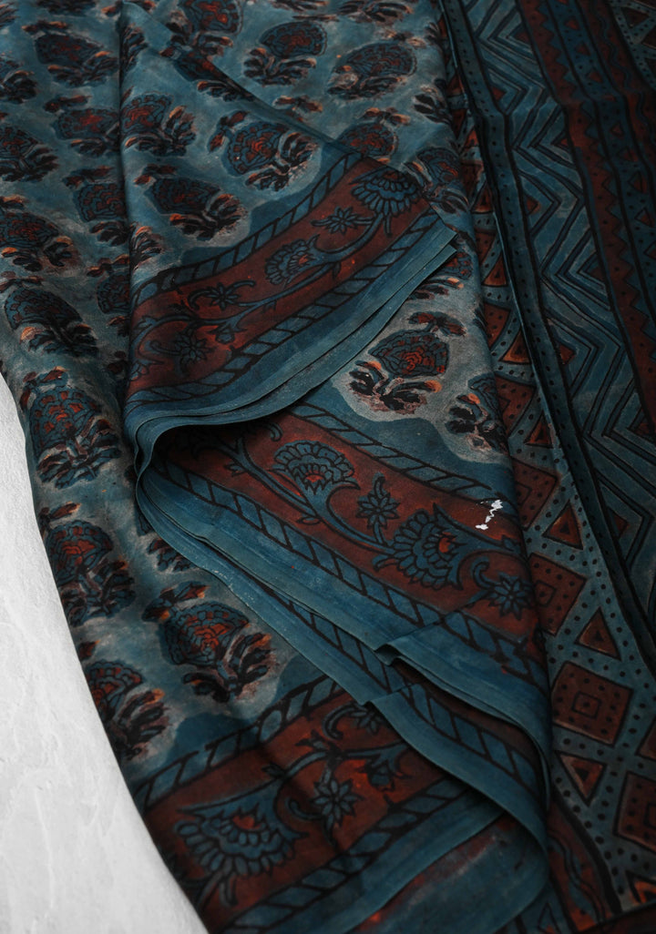 Nile Blue Ajrakh Hand Block Print on Modal  Silk Saree
