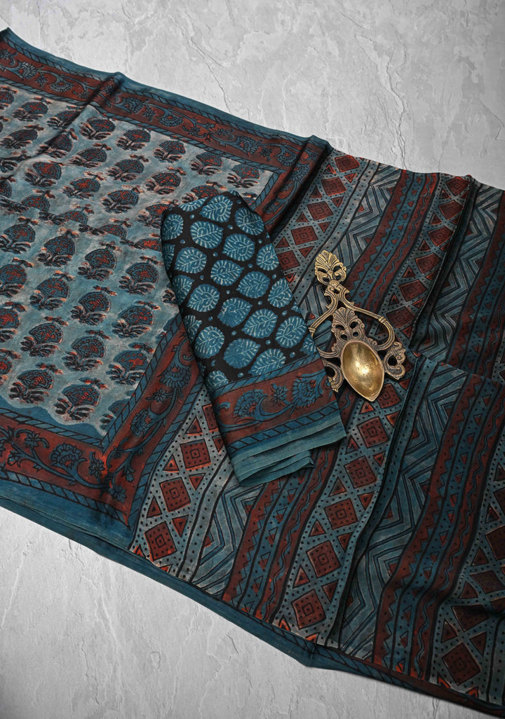 Nile Blue Ajrakh Hand Block Print on Modal  Silk Saree