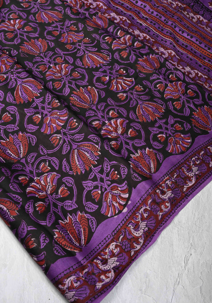Hand Block Print on Modal Silk Saree in Black