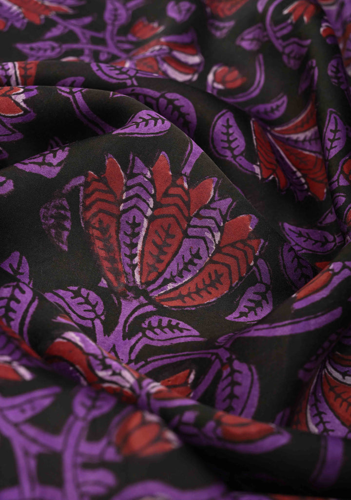 Hand Block Print on Modal Silk Saree in Black