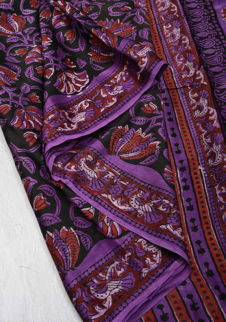 Hand Block Print on Modal Silk Saree in Black