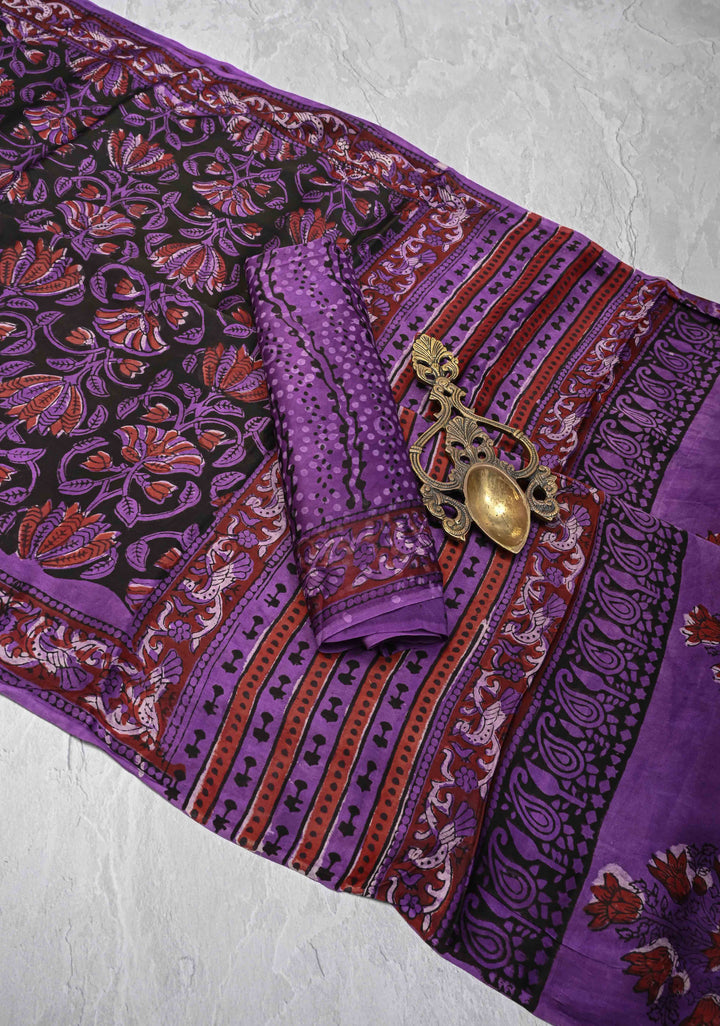 Hand Block Print on Modal Silk Saree in Black