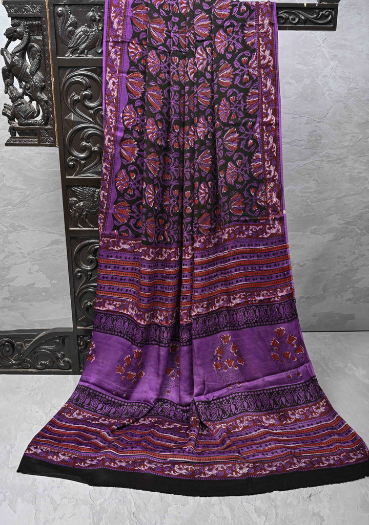 Hand Block Print on Modal Silk Saree in Black