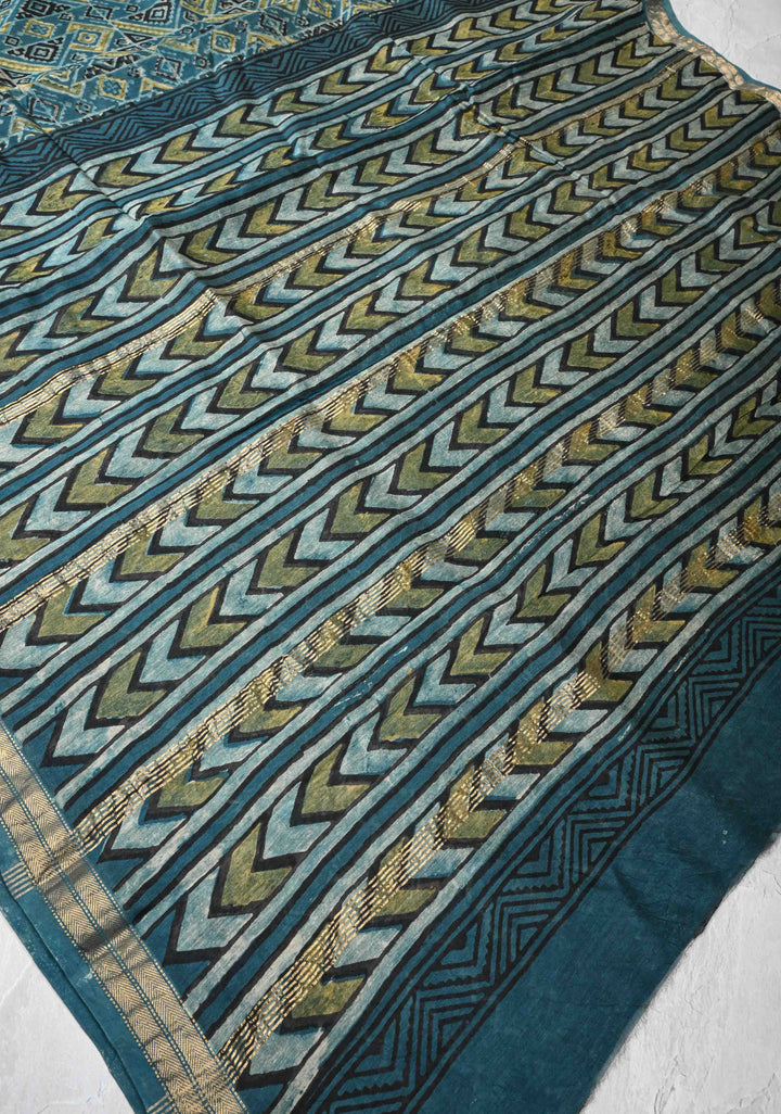Teal Chanderi Silk Cotton Saree with Ajrakh Hand Block Print and Zari Border
