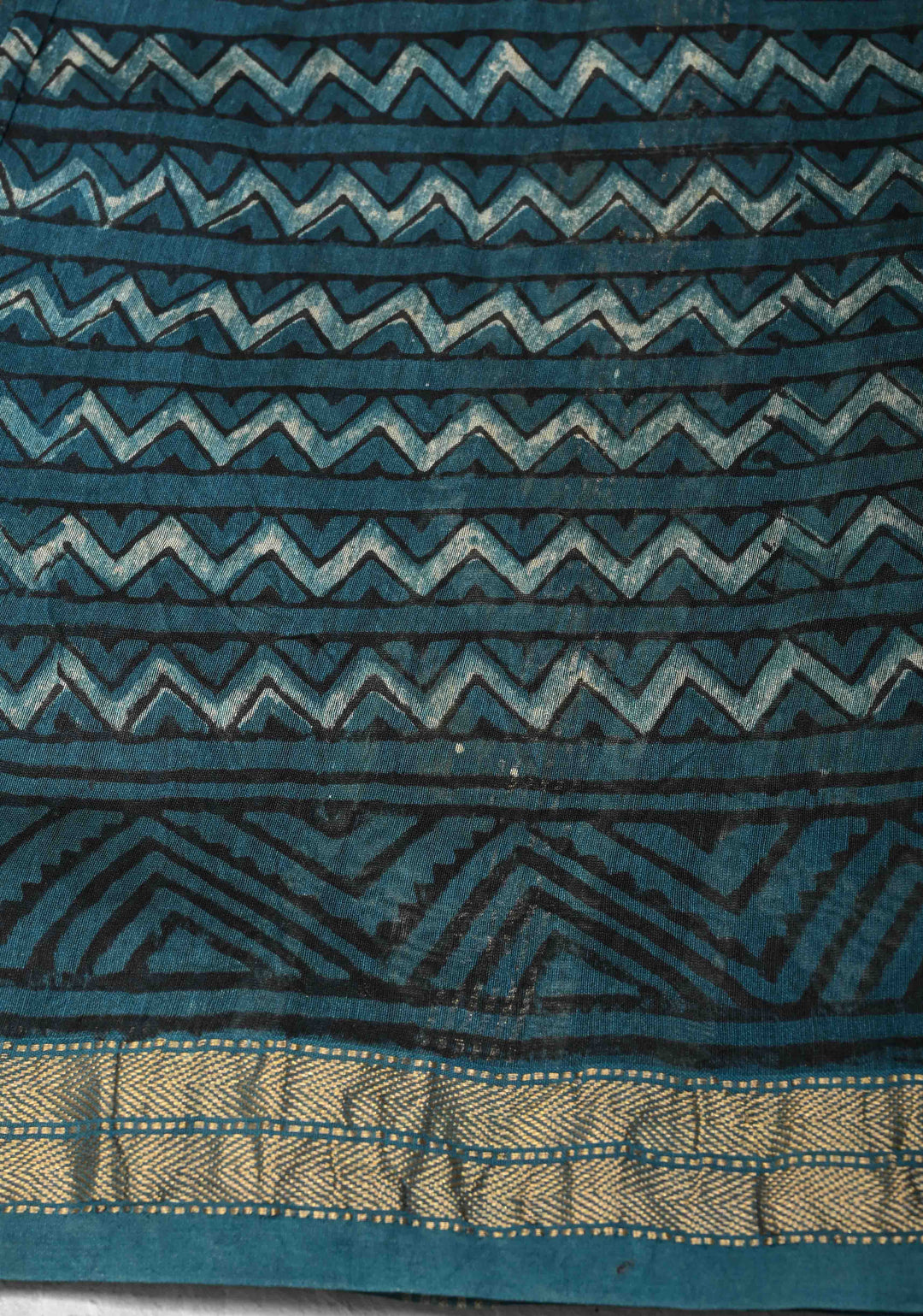 Teal Chanderi Silk Cotton Saree with Ajrakh Hand Block Print and Zari Border